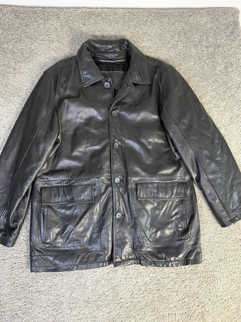 Bugatchi Uomo Jacket Mens XL Black Leather Overcoat Lined Pockets Collared